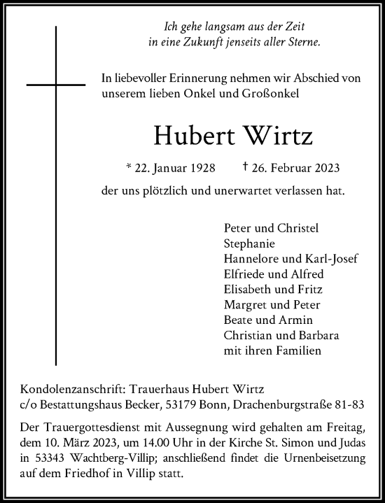 Anzeige von Hubert Wirtz von General-Anzeiger Bonn