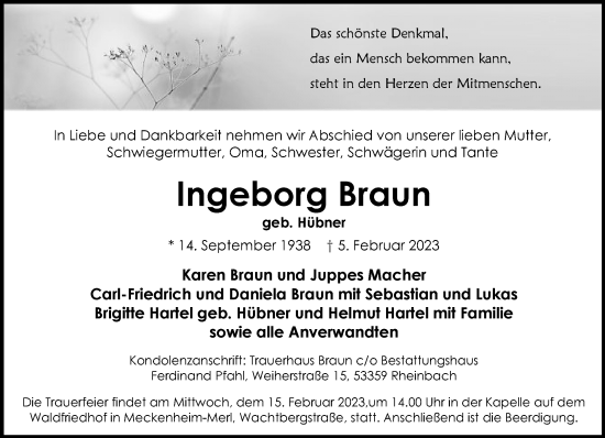 Anzeige von Ingeborg Braun von General-Anzeiger Bonn