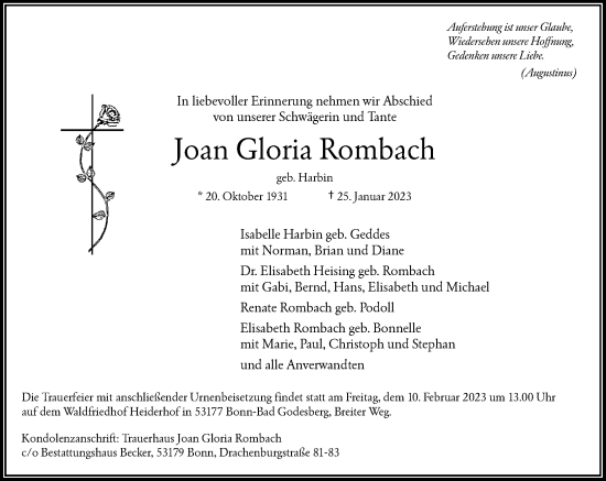 Anzeige von Joan Gloria Rombach von General-Anzeiger Bonn