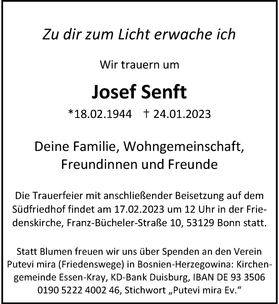  Traueranzeige für Josef Senft vom 11.02.2023 aus General-Anzeiger Bonn