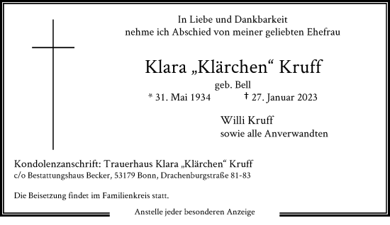 Anzeige von Klara  Kruff von General-Anzeiger Bonn