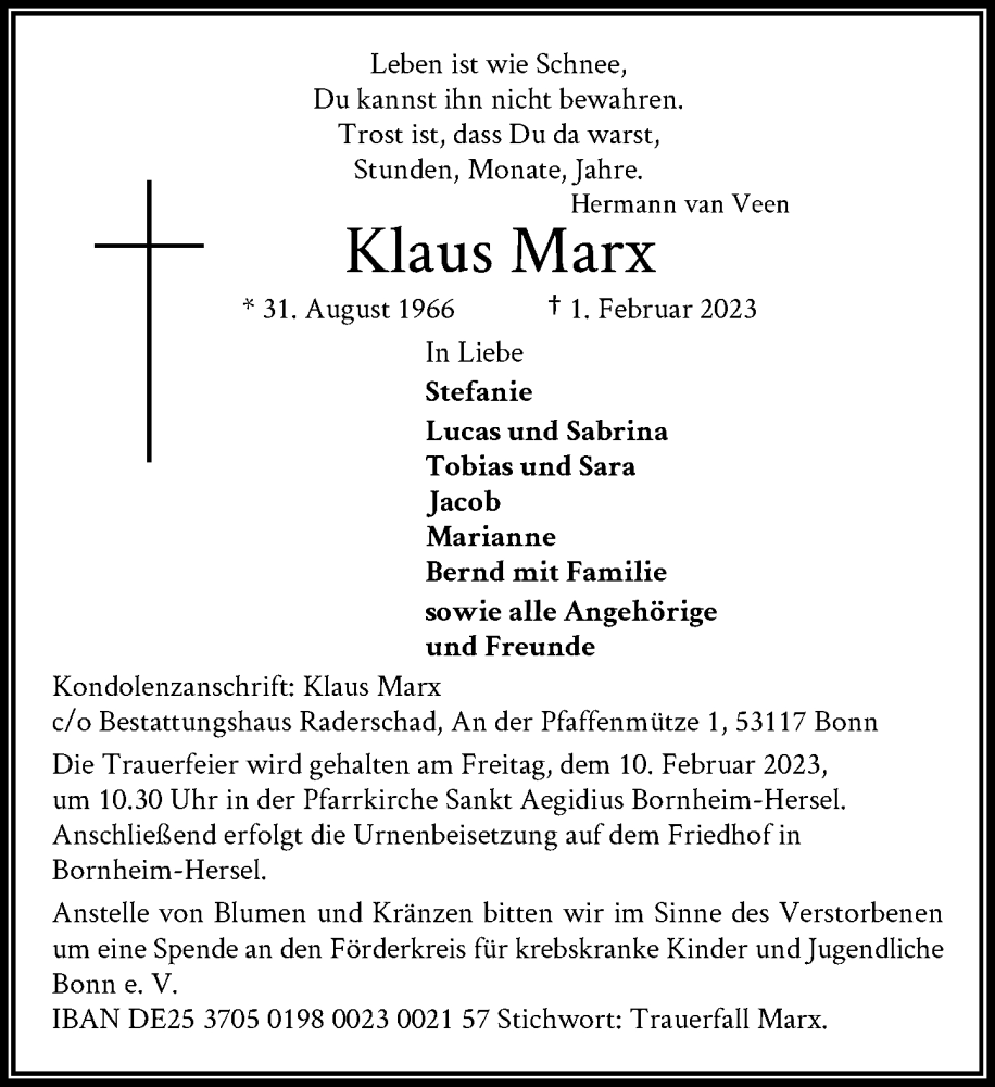  Traueranzeige für Klaus Marx vom 08.02.2023 aus General-Anzeiger Bonn