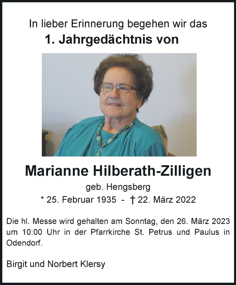  Traueranzeige für Marianne Hilberath-Zilligen vom 18.03.2023 aus General-Anzeiger Bonn
