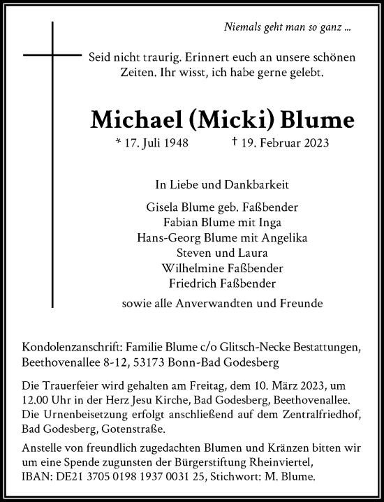 Anzeige von Michael Blume von General-Anzeiger Bonn