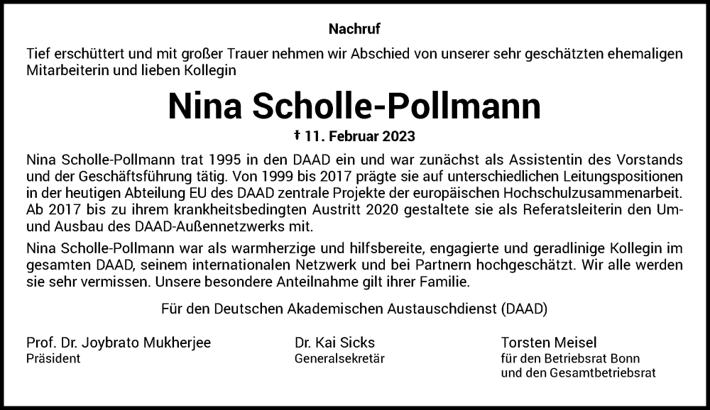  Traueranzeige für Nina Scholle-Pollmann vom 18.02.2023 aus General-Anzeiger Bonn