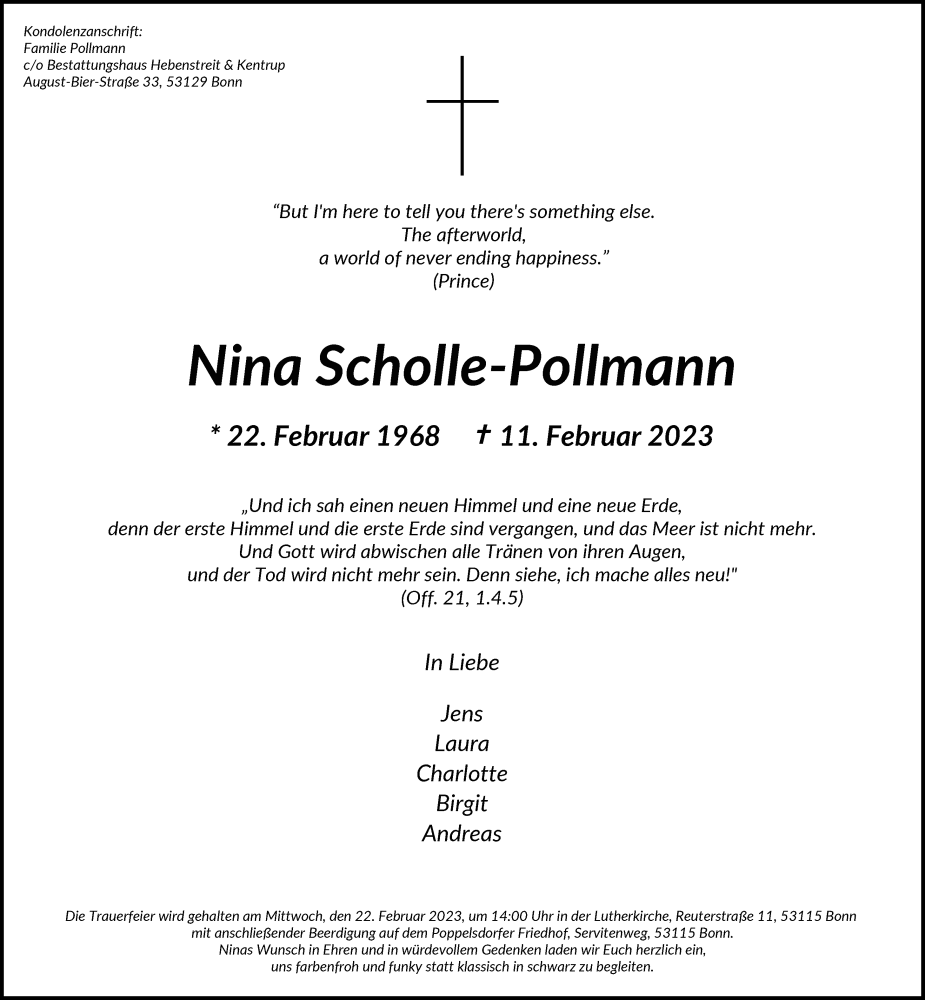  Traueranzeige für Nina Scholle-Pollmann vom 18.02.2023 aus General-Anzeiger Bonn