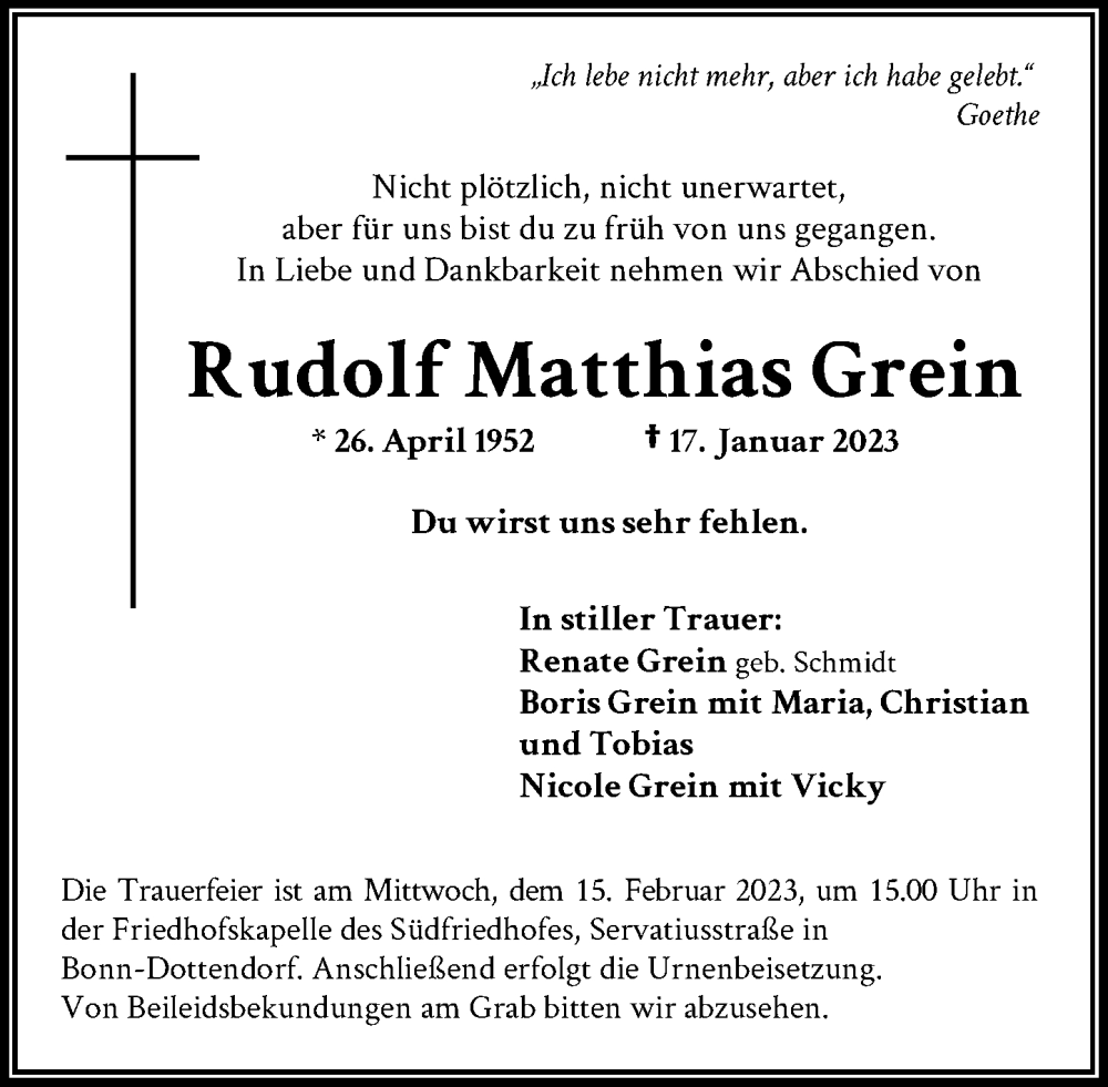  Traueranzeige für Rudolf Matthias Grein vom 04.02.2023 aus General-Anzeiger Bonn
