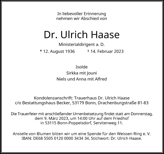 Anzeige von Ulrich Haase von General-Anzeiger Bonn