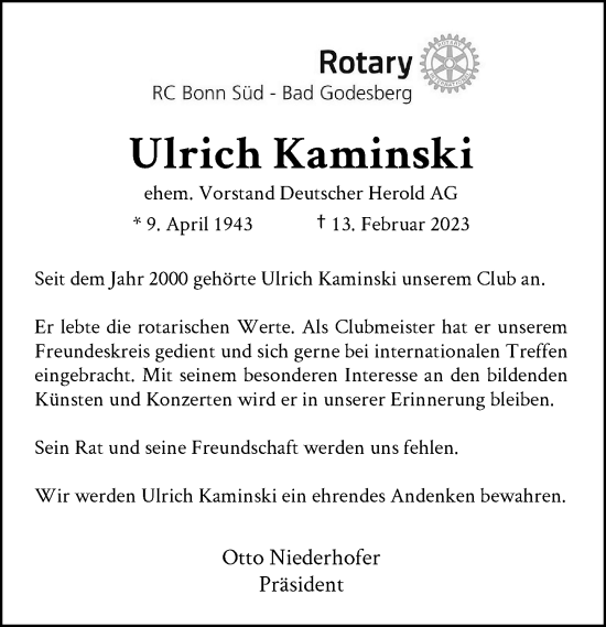 Anzeige von Ulrich Kaminski von General-Anzeiger Bonn