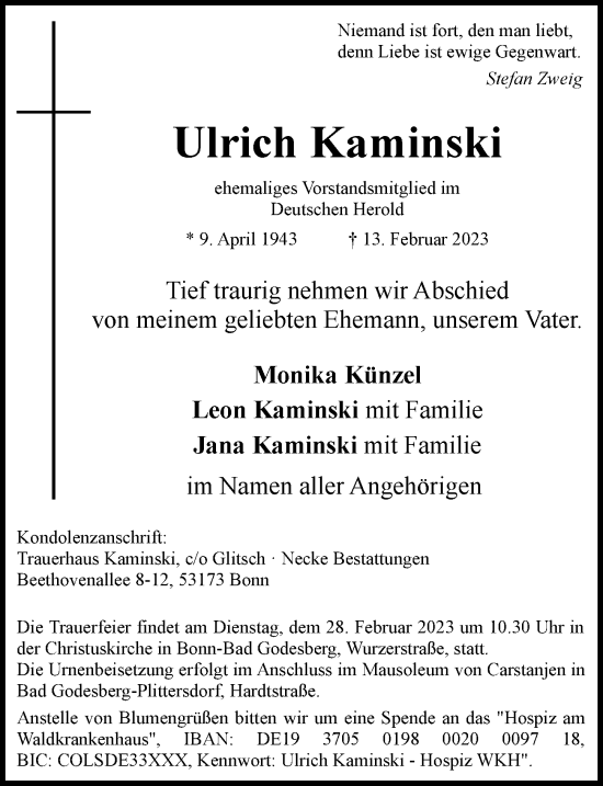 Anzeige von Ulrich Kaminski von General-Anzeiger Bonn