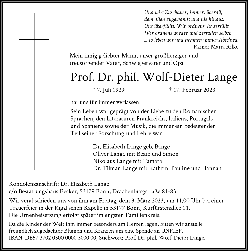  Traueranzeige für Wolf-Dieter Lange vom 25.02.2023 aus General-Anzeiger Bonn