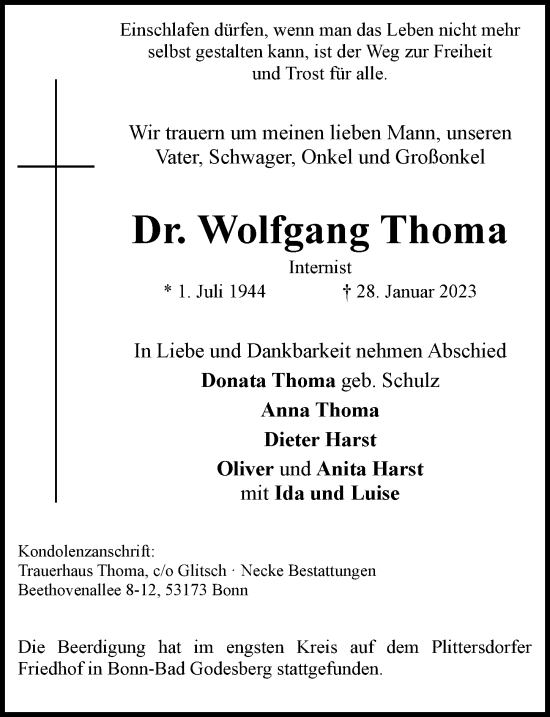 Anzeige von Wolfgang Thoma von General-Anzeiger Bonn