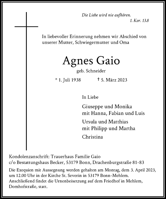 Anzeige von Agnes Gaio von General-Anzeiger Bonn