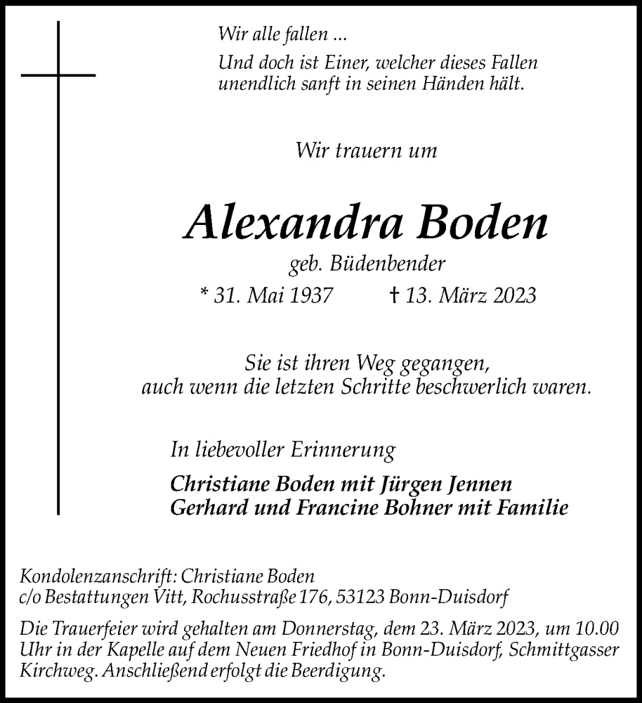  Traueranzeige für Alexandra Boden vom 18.03.2023 aus General-Anzeiger Bonn