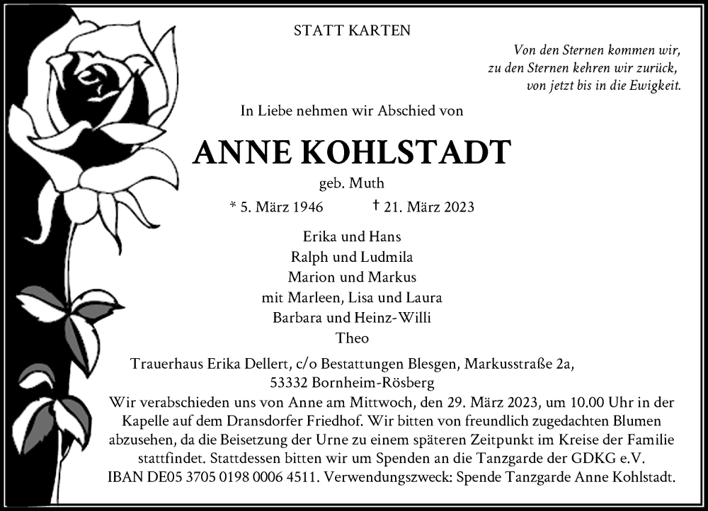  Traueranzeige für Anne Kohlstadt vom 25.03.2023 aus General-Anzeiger Bonn