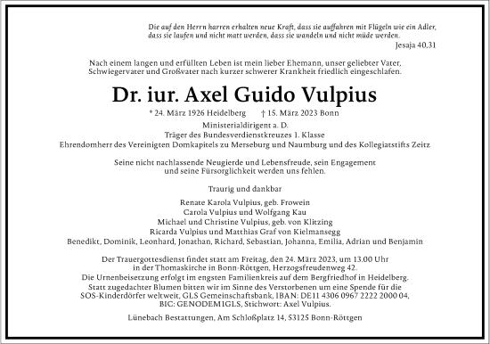 Anzeige von Axel Guido Vulpius von General-Anzeiger Bonn