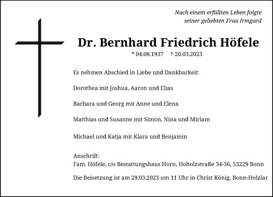 Anzeige von Bernhard  Höfele von General-Anzeiger Bonn
