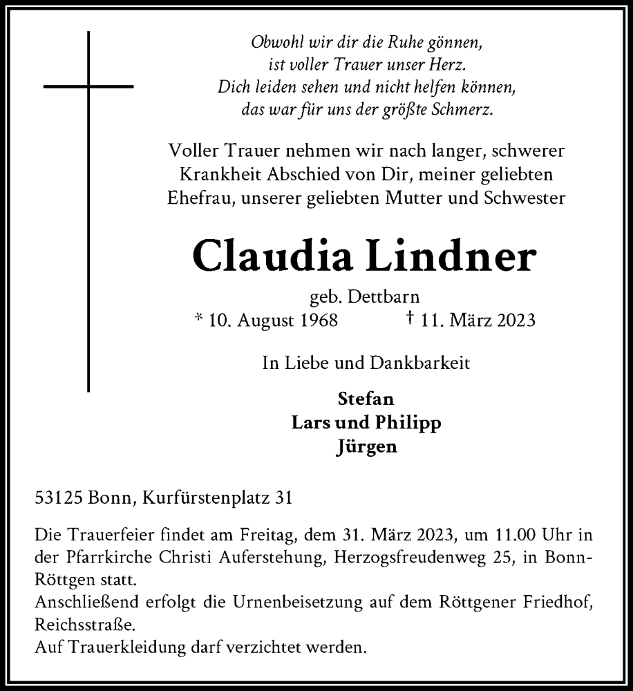  Traueranzeige für Claudia Lindner vom 18.03.2023 aus General-Anzeiger Bonn