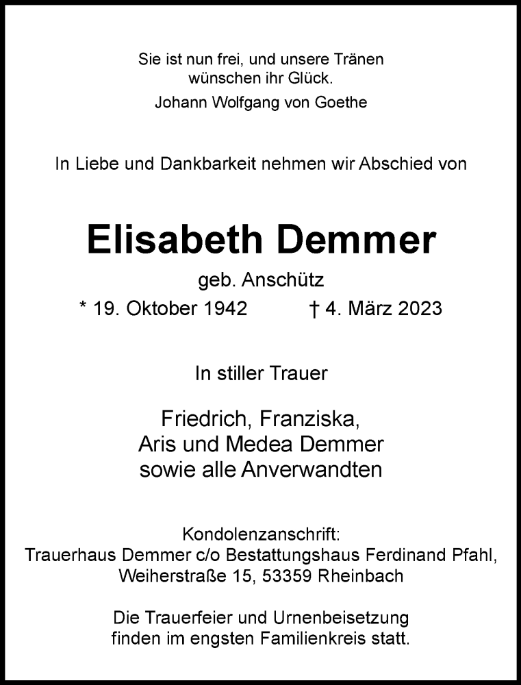  Traueranzeige für Elisabeth Demmer vom 18.03.2023 aus General-Anzeiger Bonn