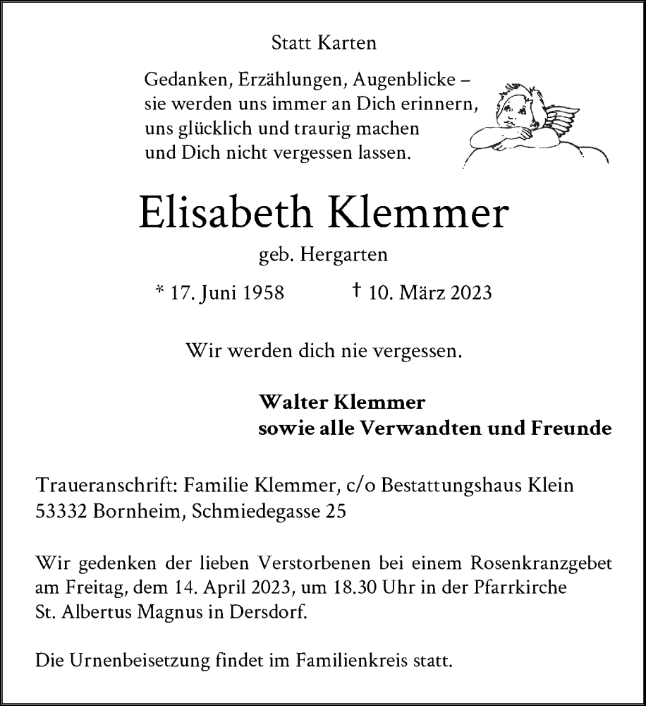  Traueranzeige für Elisabeth Klemmer vom 18.03.2023 aus General-Anzeiger Bonn