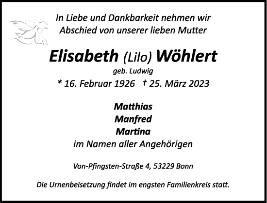 Anzeige von Elisabeth Wöhlert von General-Anzeiger Bonn