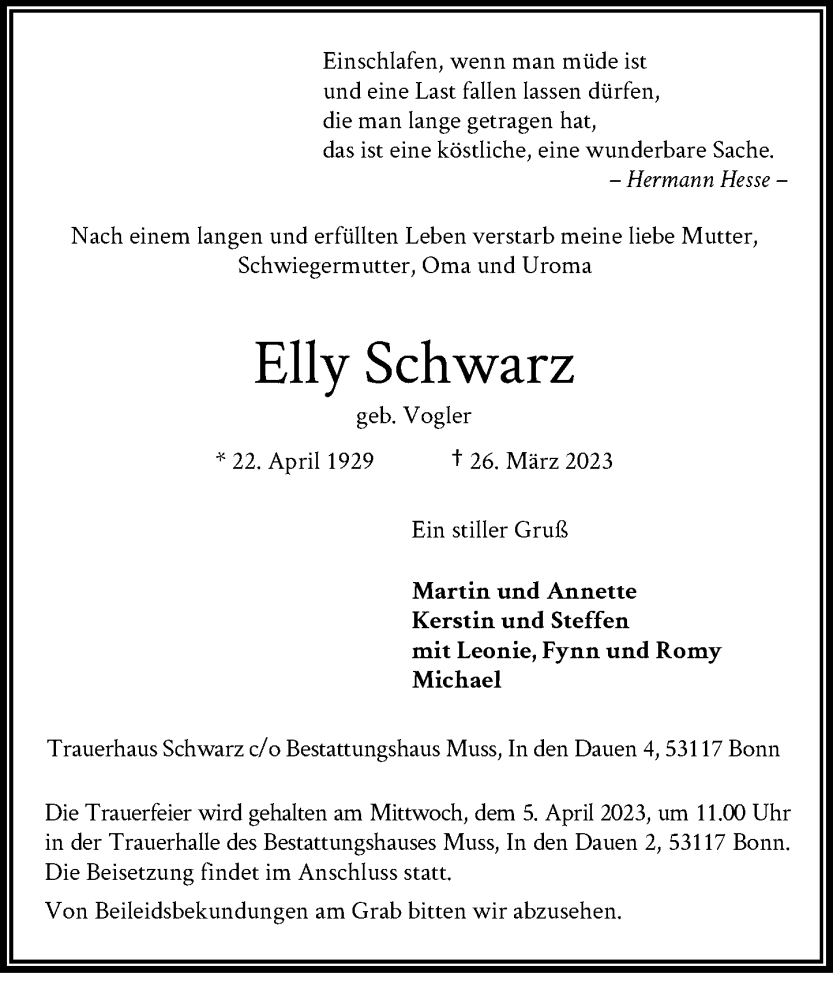  Traueranzeige für Elly Schwarz vom 01.04.2023 aus General-Anzeiger Bonn