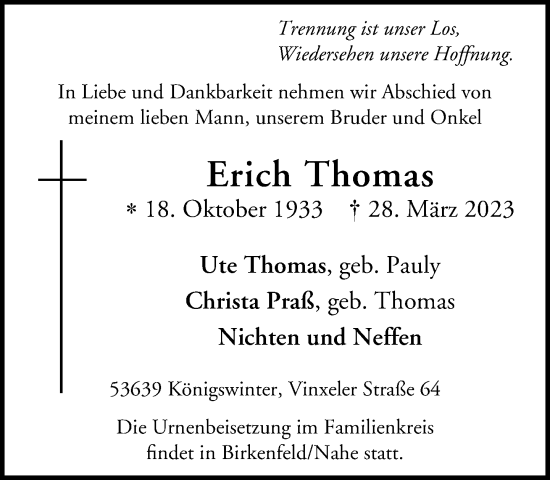 Anzeige von Erich Thomas von General-Anzeiger Bonn