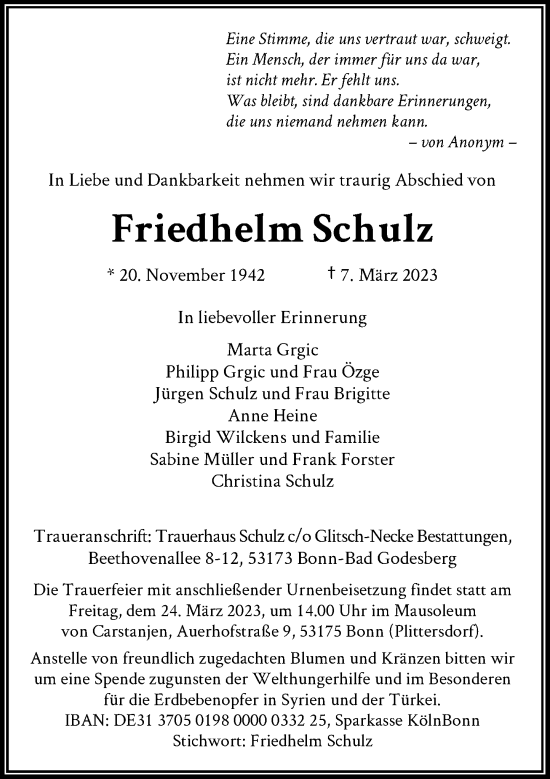Anzeige von Friedhelm Schulz von General-Anzeiger Bonn
