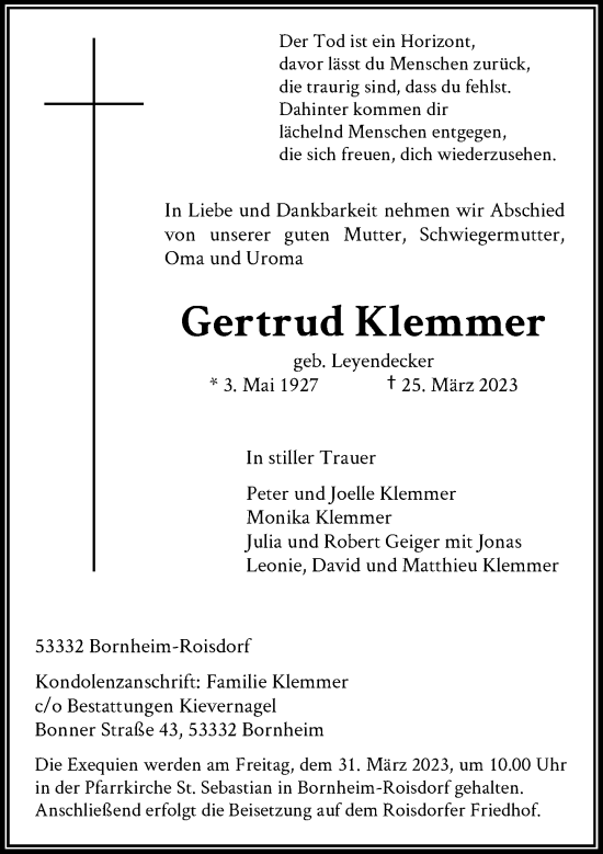 Anzeige von Gertrud Klemmer von General-Anzeiger Bonn