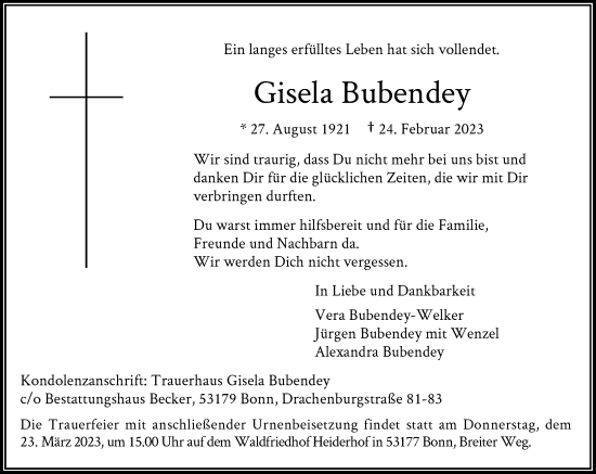 Anzeige von Gisela Bubendey von General-Anzeiger Bonn