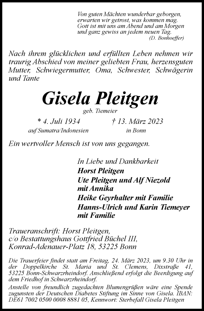 Traueranzeige für Gisela Pleitgen vom 18.03.2023 aus General-Anzeiger Bonn
