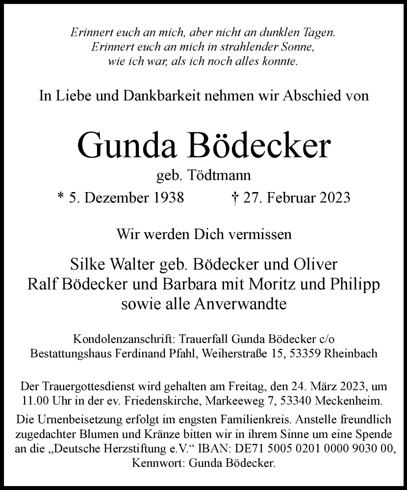  Traueranzeige für Gunda Bödecker vom 18.03.2023 aus General-Anzeiger Bonn