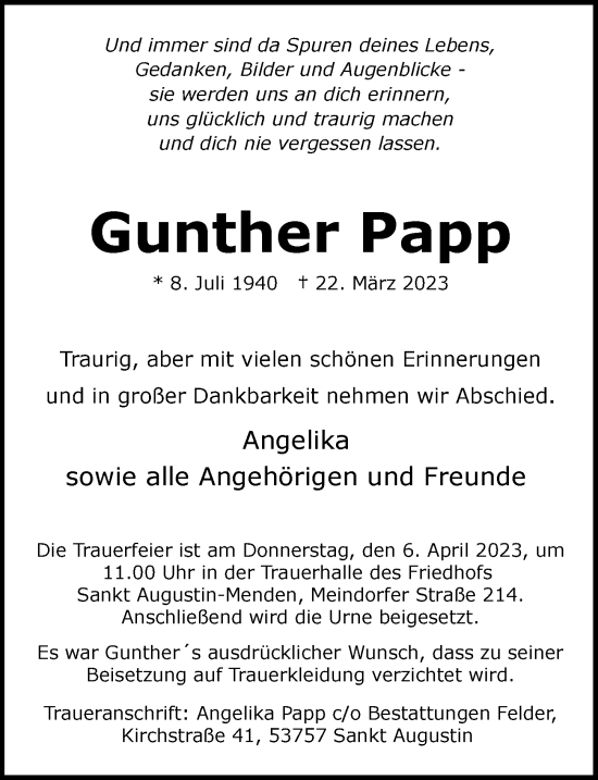 Anzeige von Gunther Papp von General-Anzeiger Bonn