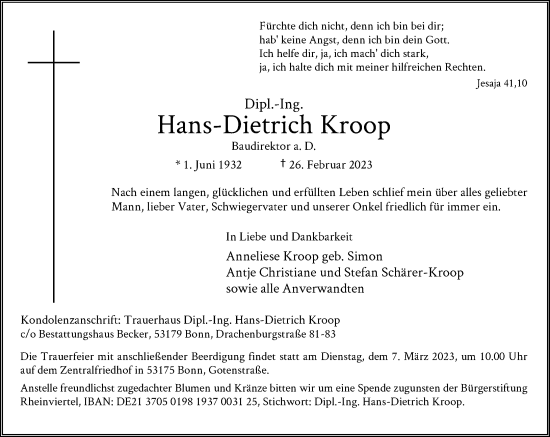 Anzeige von Hans-Dietrich Kroop von General-Anzeiger Bonn