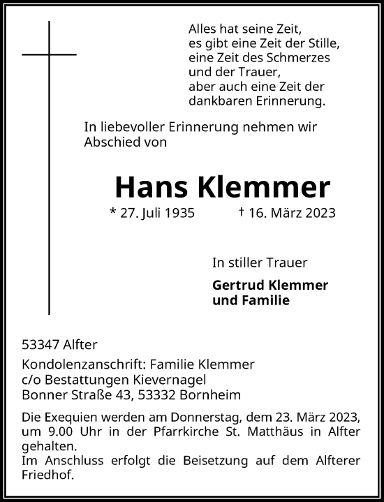 Anzeige von Hans Klemmer von General-Anzeiger Bonn
