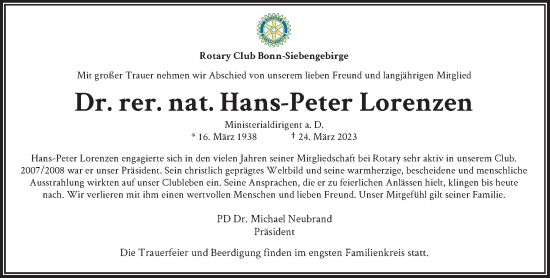 Anzeige von Hans-Peter Lorenzen von General-Anzeiger Bonn