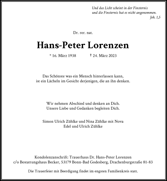 Anzeige von Hans-Peter Lorenzen von General-Anzeiger Bonn