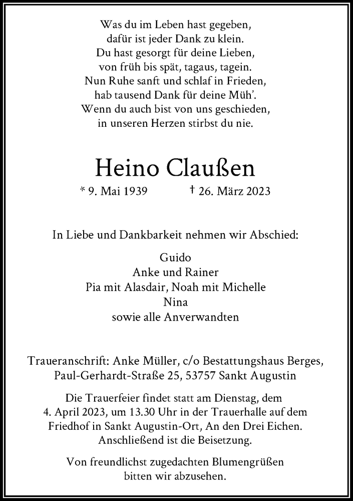  Traueranzeige für Heino Claußen vom 29.03.2023 aus General-Anzeiger Bonn