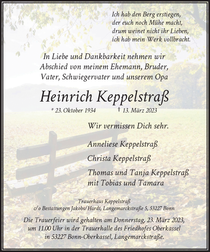 Traueranzeige für Heinrich Keppelstraß vom 18.03.2023 aus General-Anzeiger Bonn