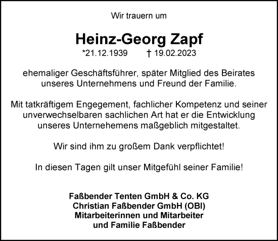 Anzeige von Heinz-Georg Zapf von General-Anzeiger Bonn