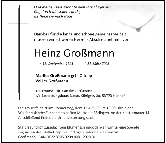 Anzeige von Heinz Großmann von General-Anzeiger Bonn