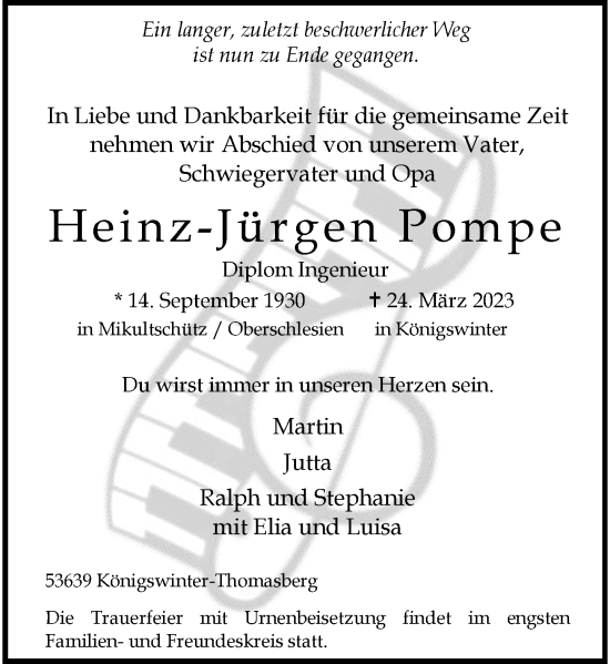 Anzeige von Heinz-Jürgen Pompe von General-Anzeiger Bonn