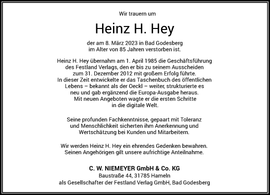 Anzeige von Heinz H. Hey von General-Anzeiger Bonn