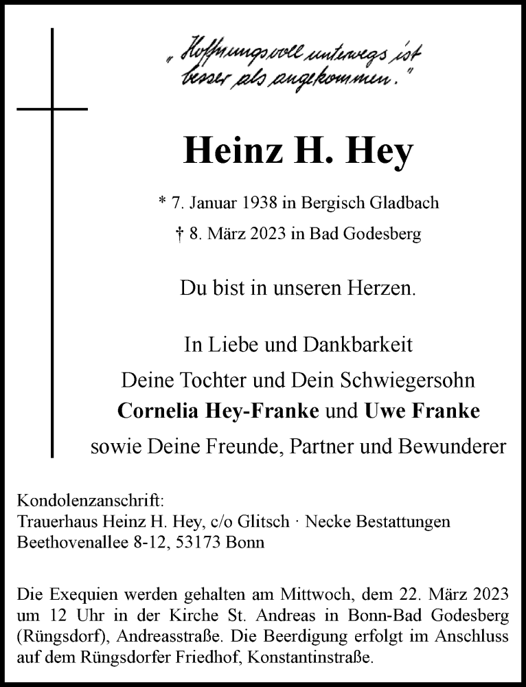  Traueranzeige für Heinz H. Hey vom 18.03.2023 aus General-Anzeiger Bonn