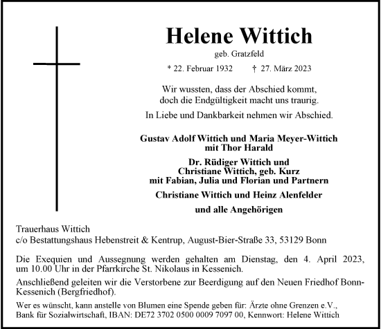 Anzeige von Helene Wittich von General-Anzeiger Bonn