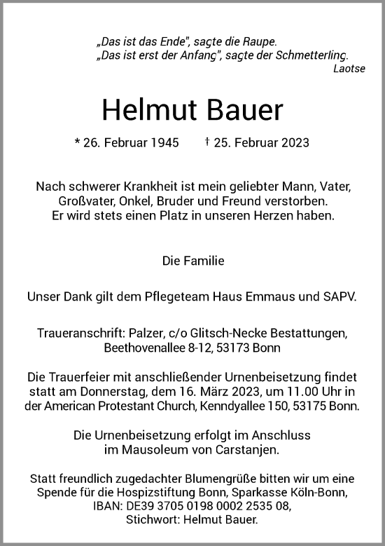 Anzeige von Helmut Bauer von General-Anzeiger Bonn