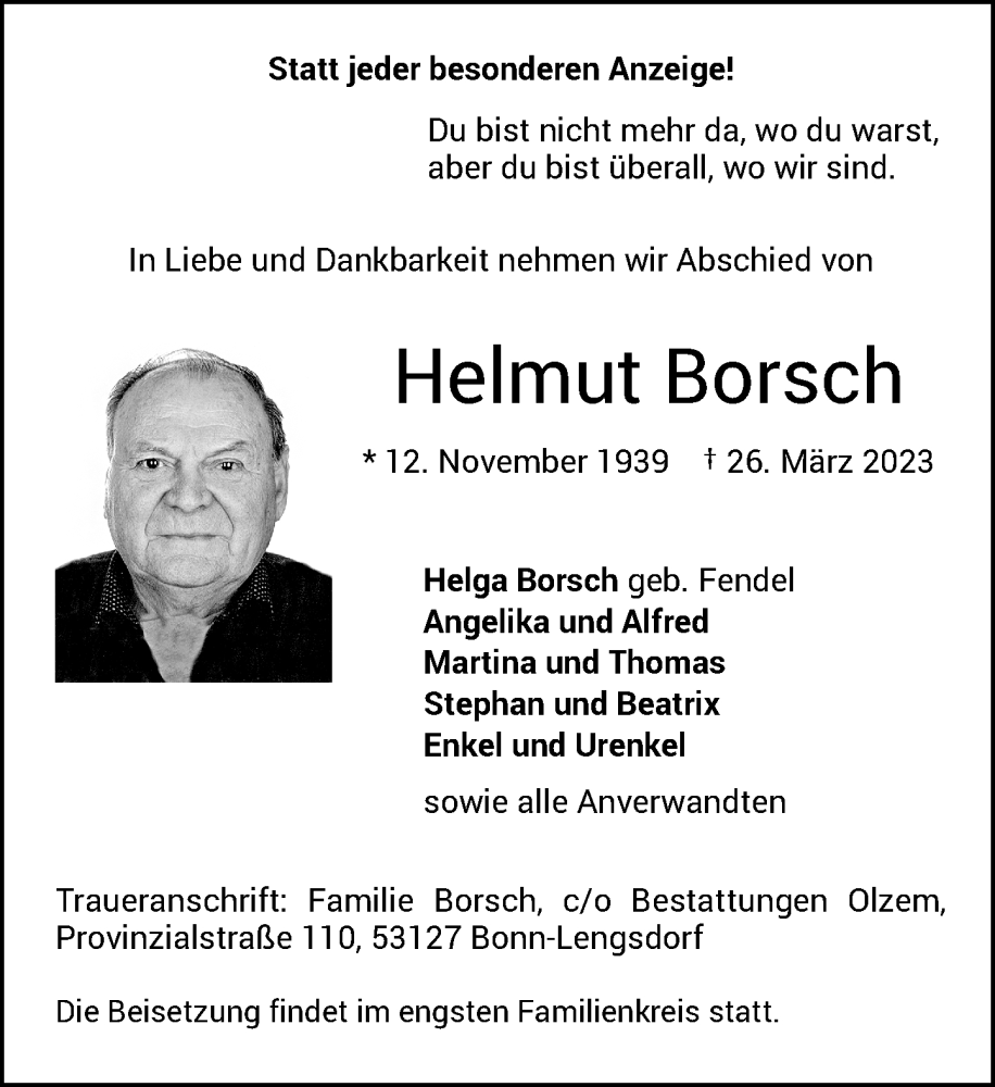  Traueranzeige für Helmut Borsch vom 01.04.2023 aus General-Anzeiger Bonn