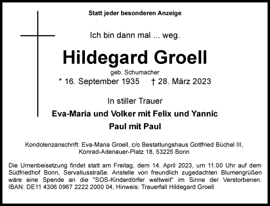 Anzeige von Hildegard Groell von General-Anzeiger Bonn