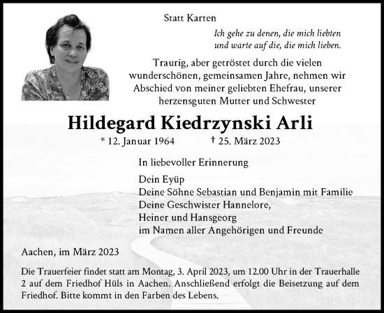 Anzeige von Hildegard Kiedrzynski Arli von General-Anzeiger Bonn