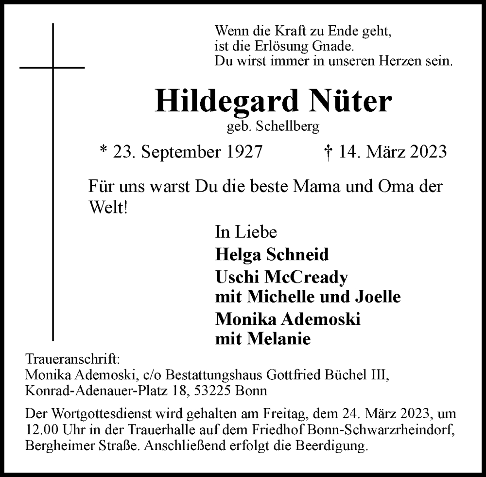  Traueranzeige für Hildegard Nüter vom 18.03.2023 aus General-Anzeiger Bonn
